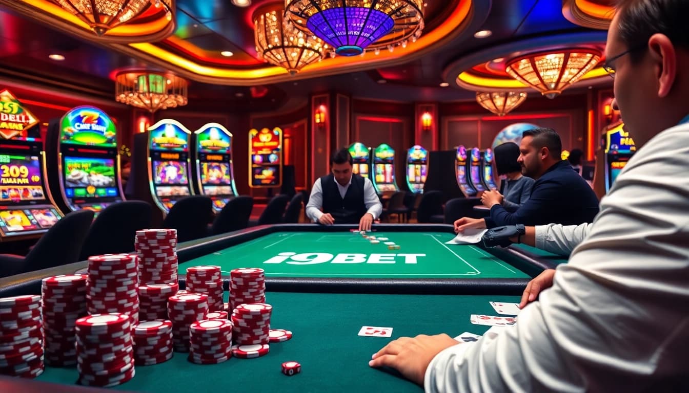 I9BET players engaging with poker chips and a live dealer at a vibrant casino table.