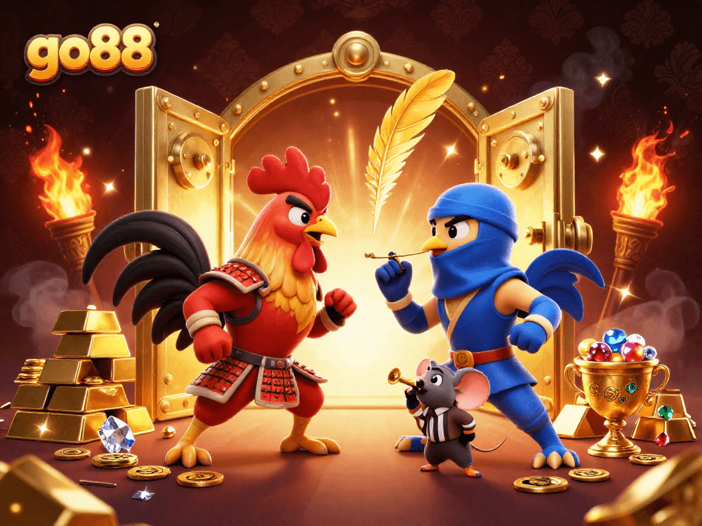 Experience the go88 excitement with twin roosters in a dramatic casino showdown, surrounded by treasures.