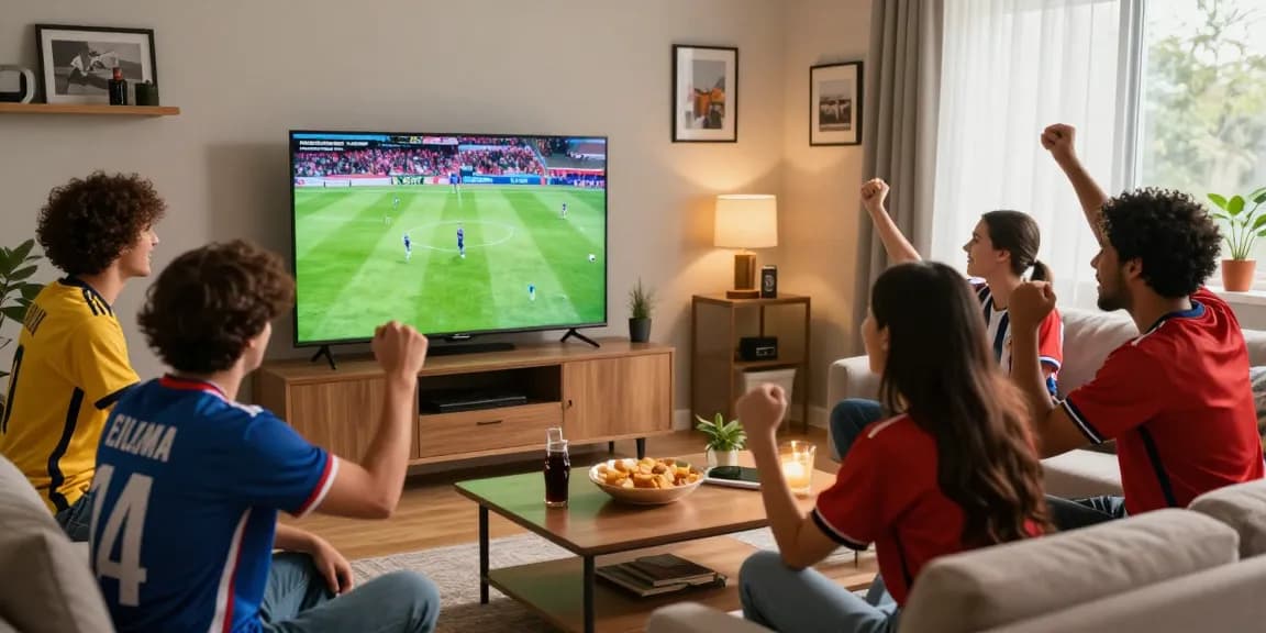 Friends enjoying a live football match with multicanais on a large TV, snacks and drinks around, lively atmosphere.