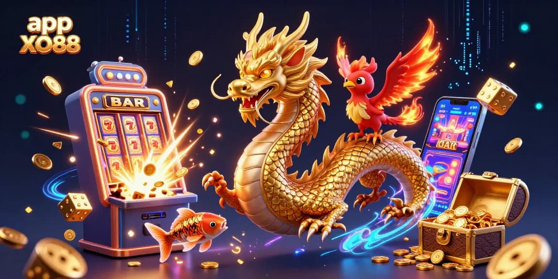 Experience the thrill of app XO88 as a golden dragon and phoenix bring fortune with dynamic casino elements.