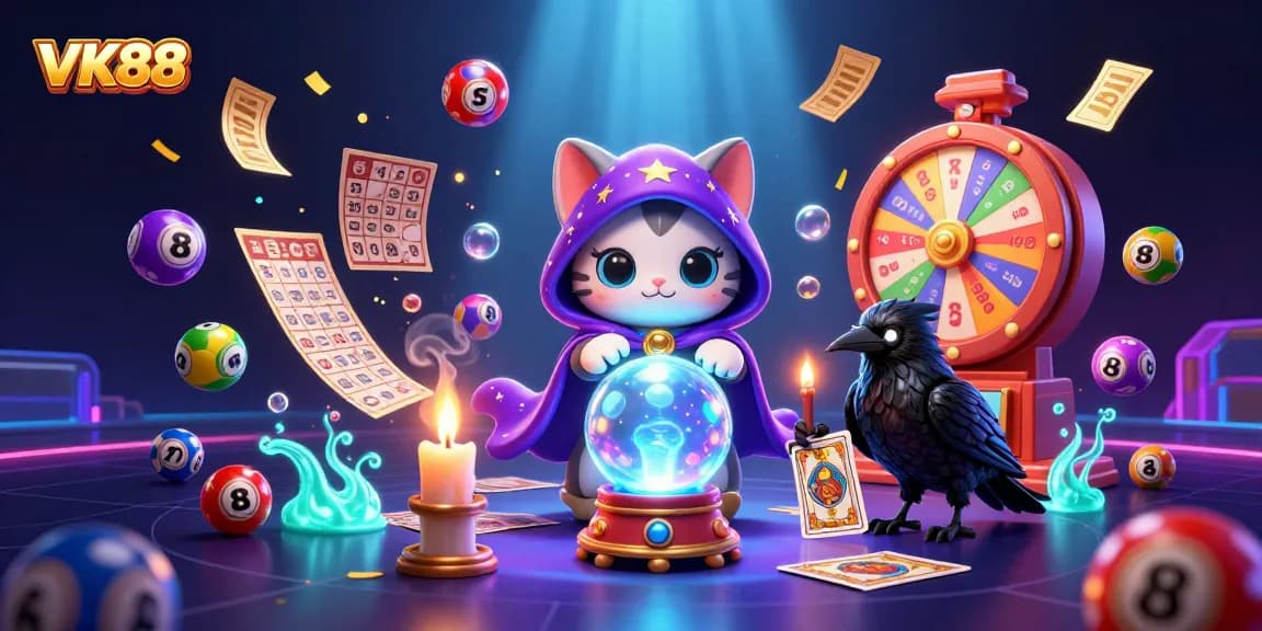 Engage with VK88’s vibrant casino universe, featuring a mystic cat, tarot-card raven, and lottery elements.
