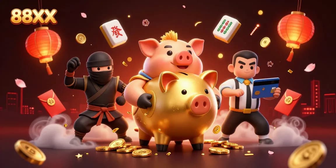 Engage with 88XX, where gaming thrills unfold with a golden piggy bank wrestler amidst traditional elements.