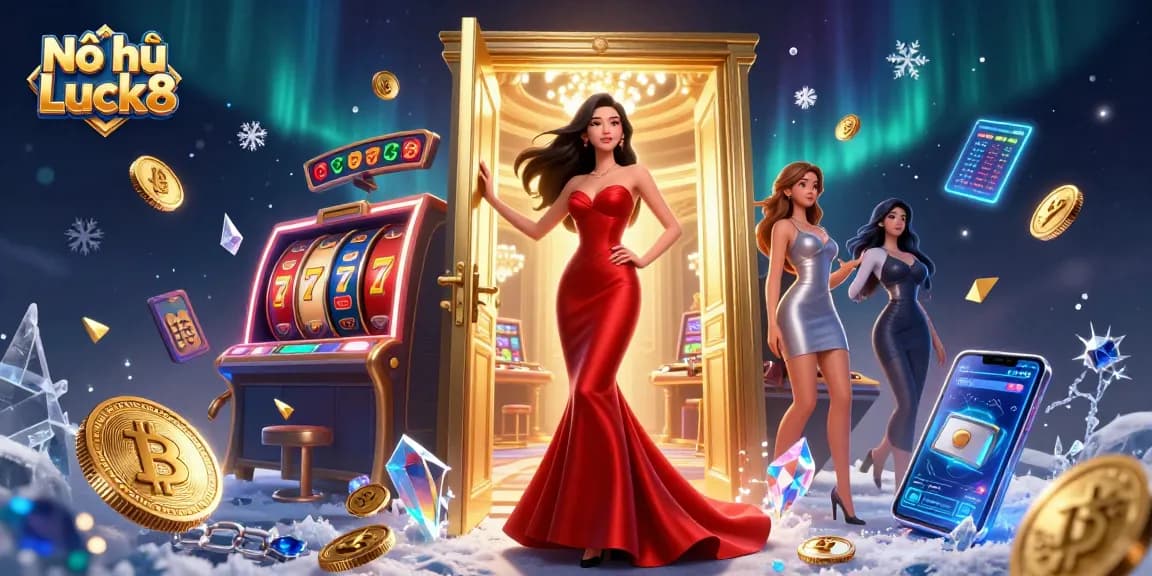 Experience Nổ hũ Luck8's thrilling slot games against a glamorous casino backdrop.