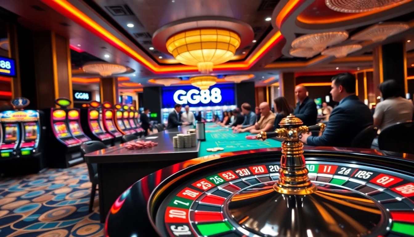 GG88 casino gaming scene featuring dealers, slot machines, and poker chips for an immersive experience.