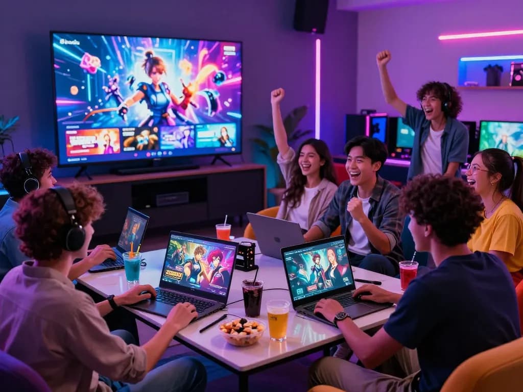 Young adults enjoying an adult game night with interactive gameplay and colorful atmosphere.