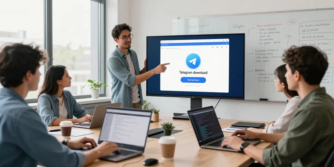 Developers collaboratively discussing Telegram download features in a modern office.