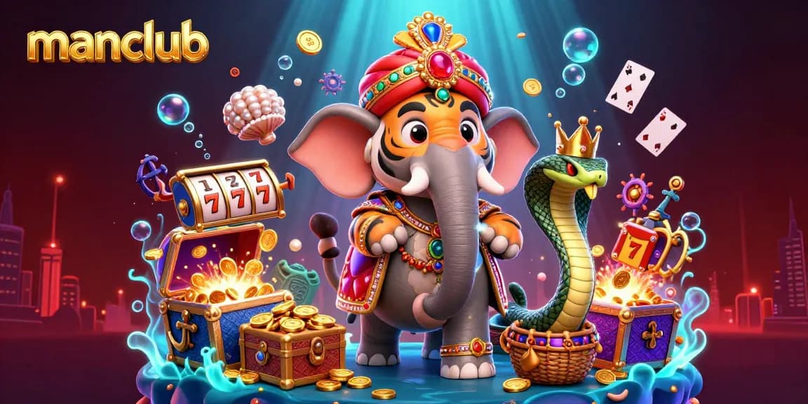 Win big at Manclub with a vibrant casino scene featuring an ornate elephant, playful cards, and dazzling treasures.