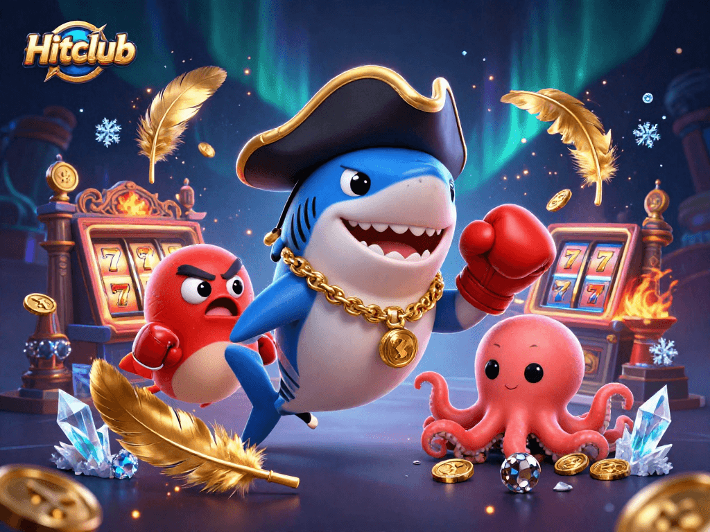 Hitclub's vibrant casino scene with a pirate shark, pufferfish, and octopus, immersed in winning excitement.