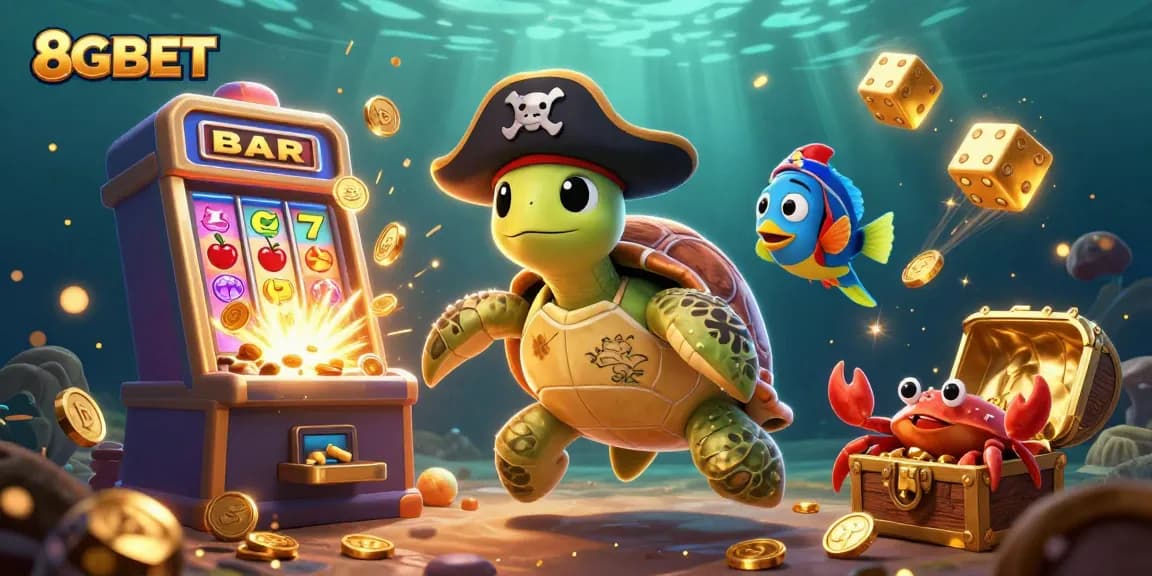 Spin and win at 8GBET with a thrilling underwater adventure featuring a pirate turtle, crab, and parrotfish amid jackpot winnings.