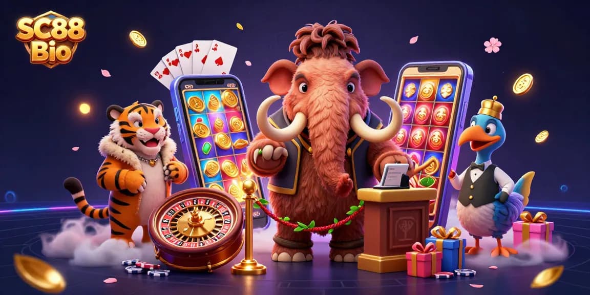 Experience the thrill of SC88 Bio with vibrant casino characters in a dynamic gambling scene.