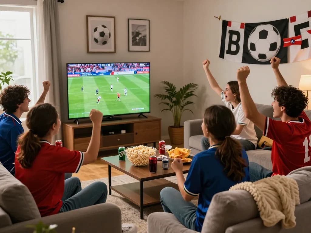 Excited friends watching a live football match at https://cakhiatv.uk.com, enjoying snacks and cheering together.