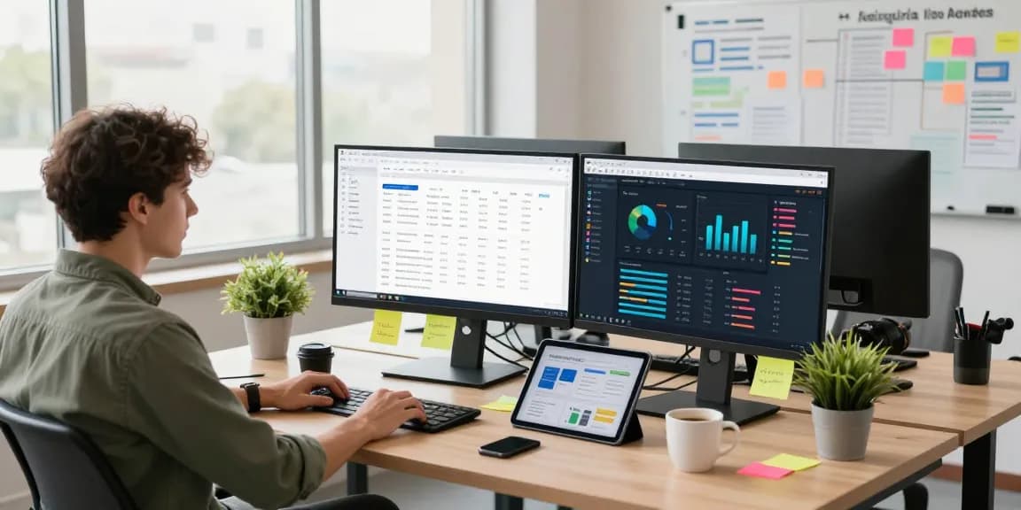 Espaço de trabalho digital moderno com profissionais focados em estratégias multicanais.