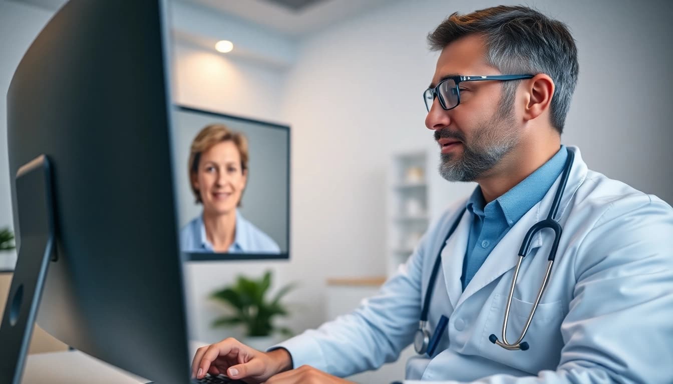 Talk to a doctor online without appointment through a virtual consultation setup, showcasing professionalism and trust.