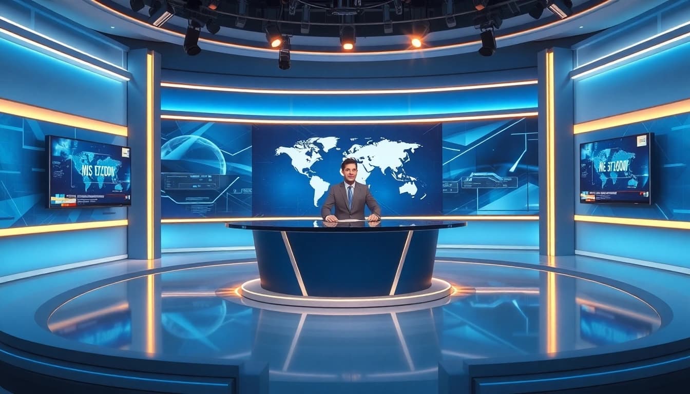 News anchor delivering the latest updates in a modern news studio.