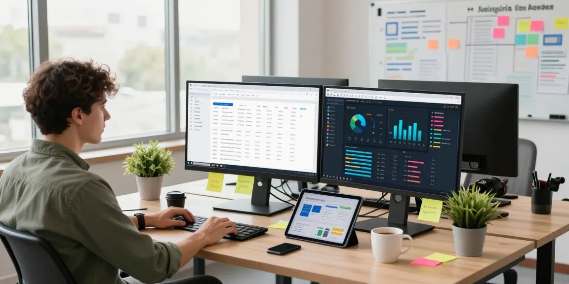 Espaço de trabalho digital moderno com profissionais focados em estratégias multicanais.