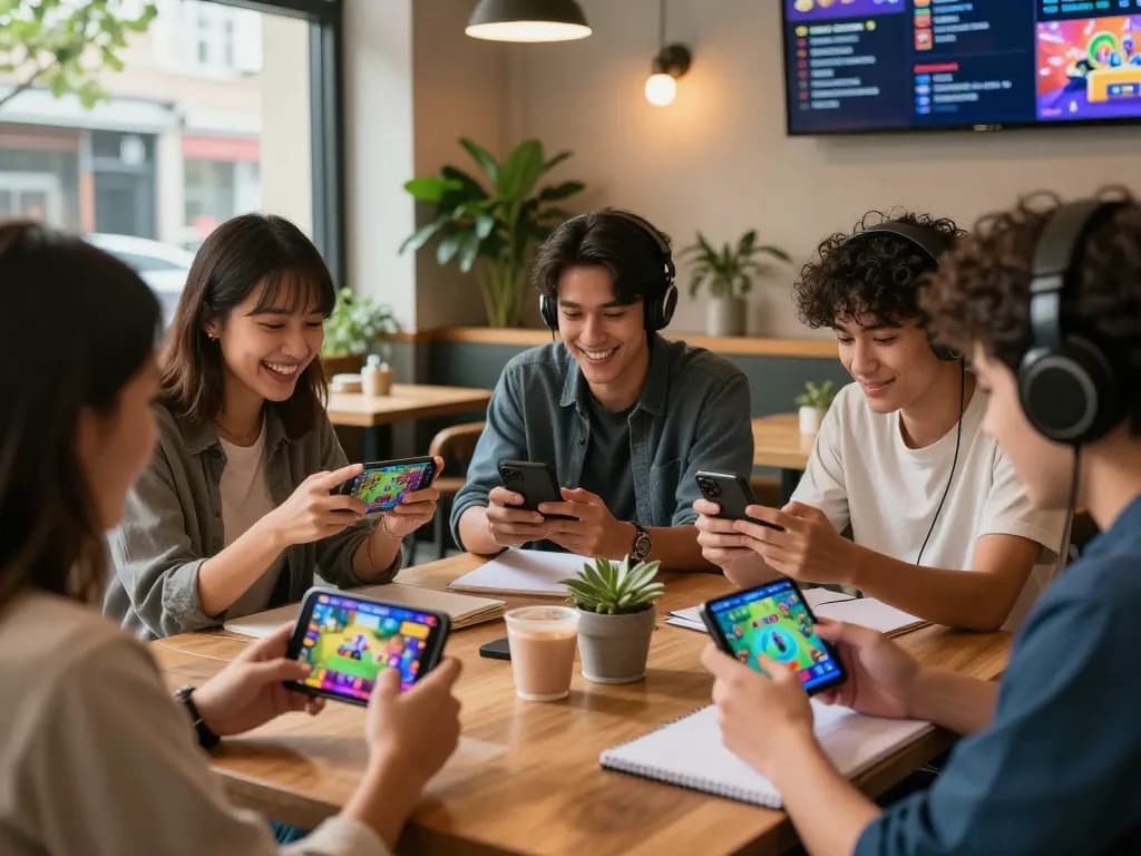Mobile porn game enthusiasts enjoying gameplay at an urban café, showcasing colorful graphics and lively interaction.