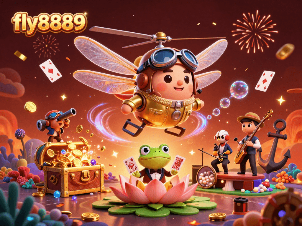 Experience thrilling action in fly8889 as a frog croupier deals cards at a lily pad casino.