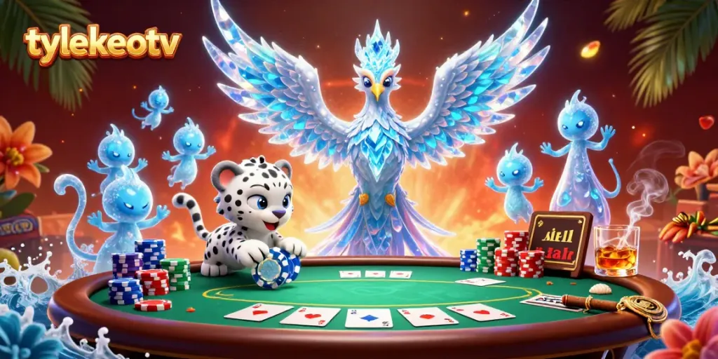 Engage in thrilling gameplay at tylekeotv with an ice phoenix and poker elements in a dynamic casino setting.