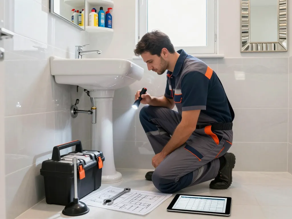 Encanador inspecting plumbing under a sink in a bright bathroom, surrounded by tools and service schedules.