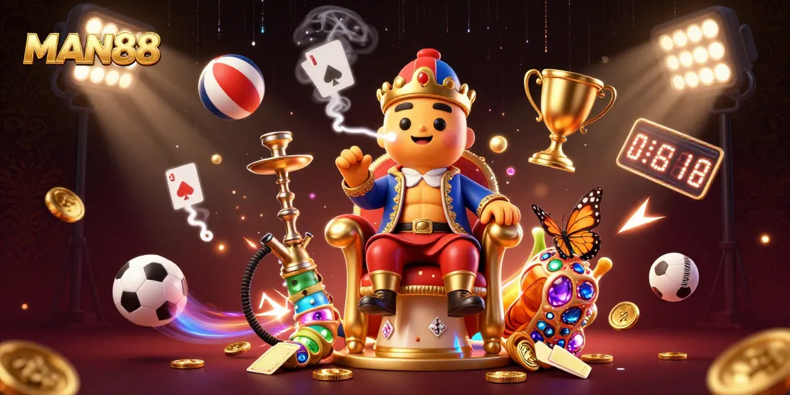 Play thrilling games at MAN88 with golden trophy symbols and 3D sports excitement around a whimsical caterpillar character.