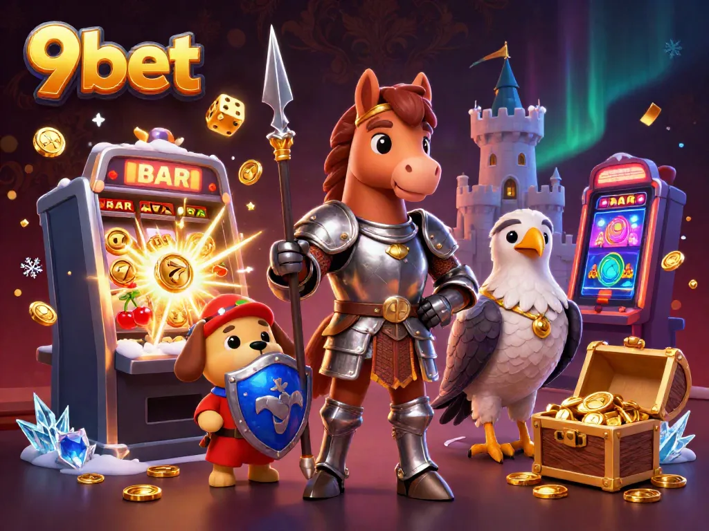Experience the thrill of 9bet with a vibrant 3D casino scene featuring a knight, puppy, and falcon.