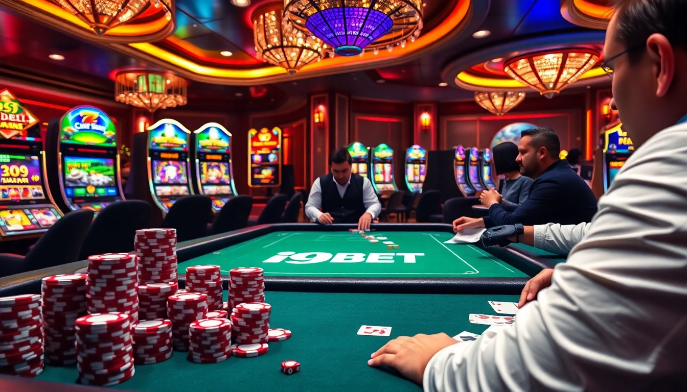 I9BET players engaging with poker chips and a live dealer at a vibrant casino table.