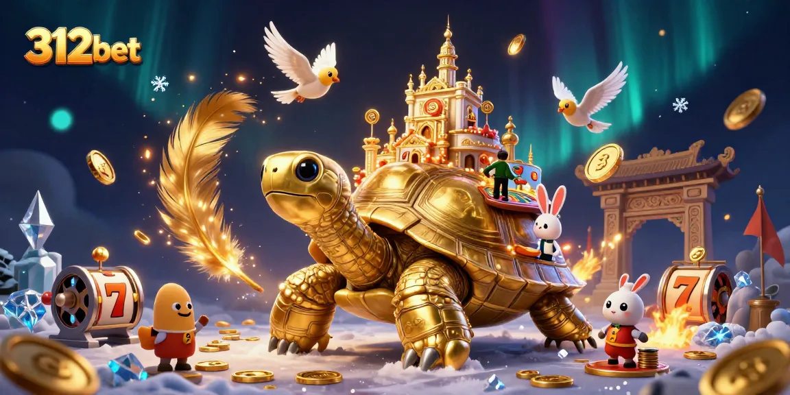 Spin the reels and win golden coins with 312bet's vibrant casino illustration featuring animated characters.