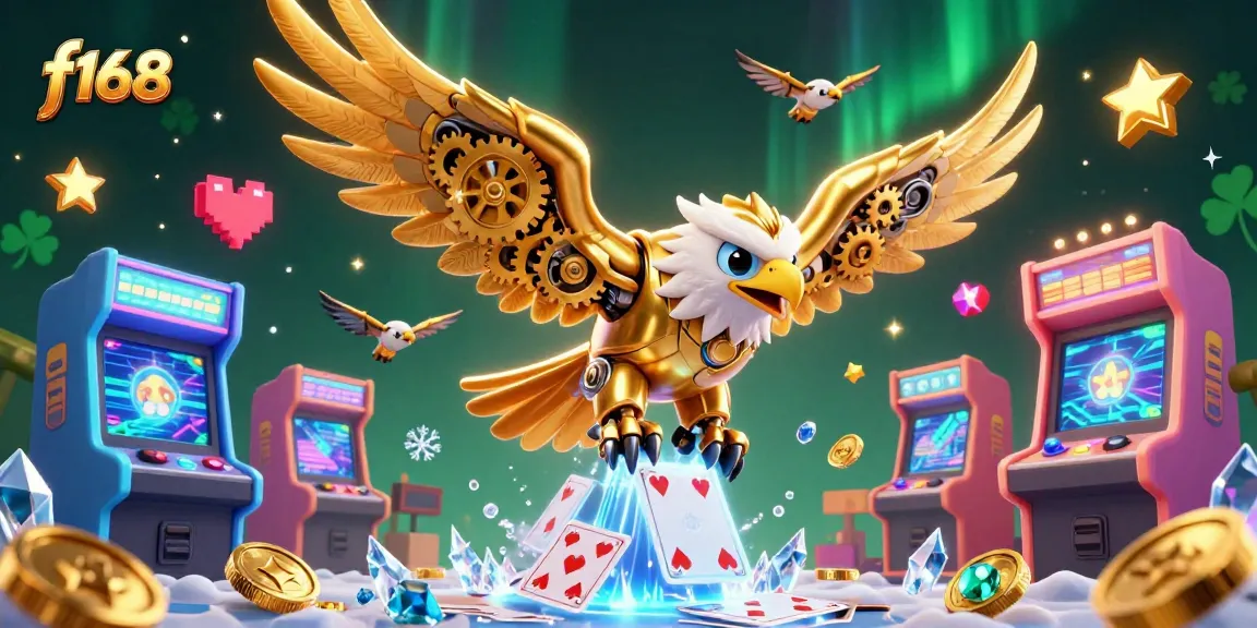 Engage with f168's vibrant gaming universe featuring a cybernetic eagle soaring through holographic cards amidst a dynamic casino backdrop.