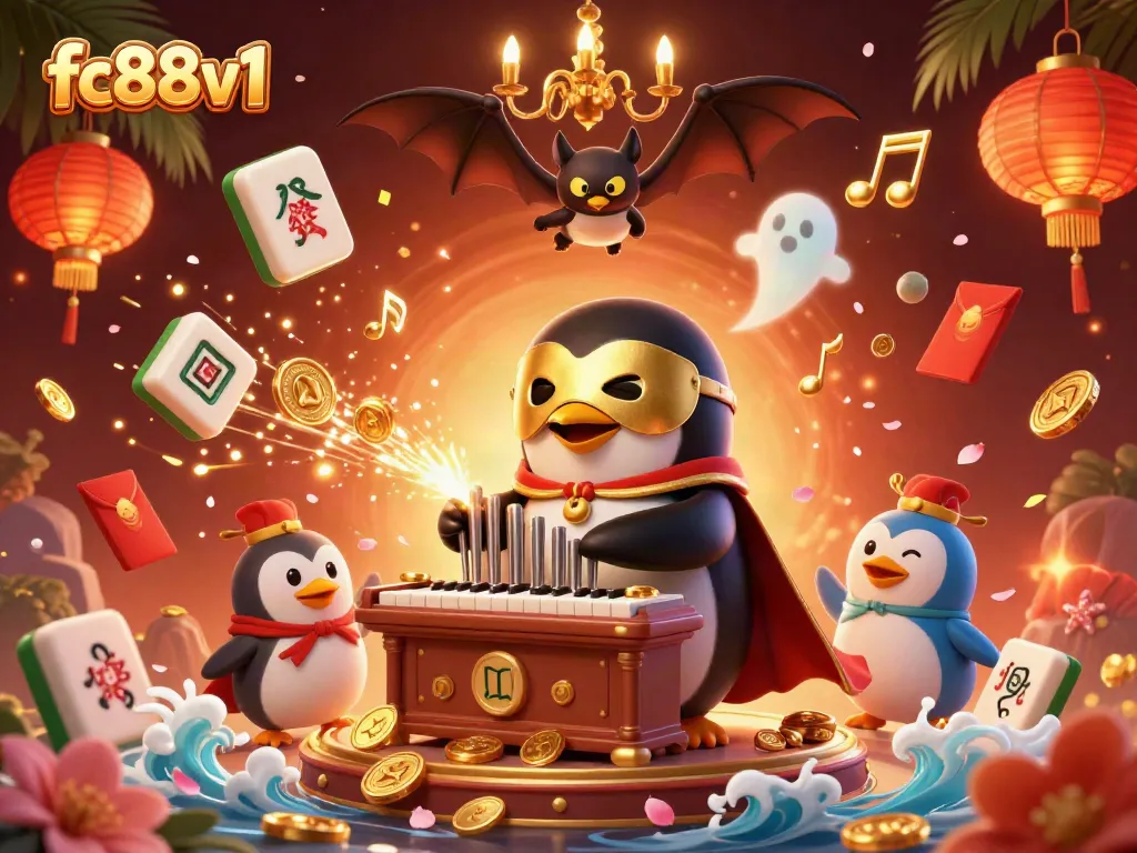 Experience the excitement of fc88v1 with a vibrant casino-themed scene featuring a penguin playing an organ and golden coins.