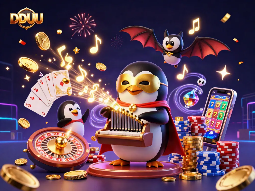 Score big with DDUU in a lively 3D casino scene filled with fun characters and gaming elements.