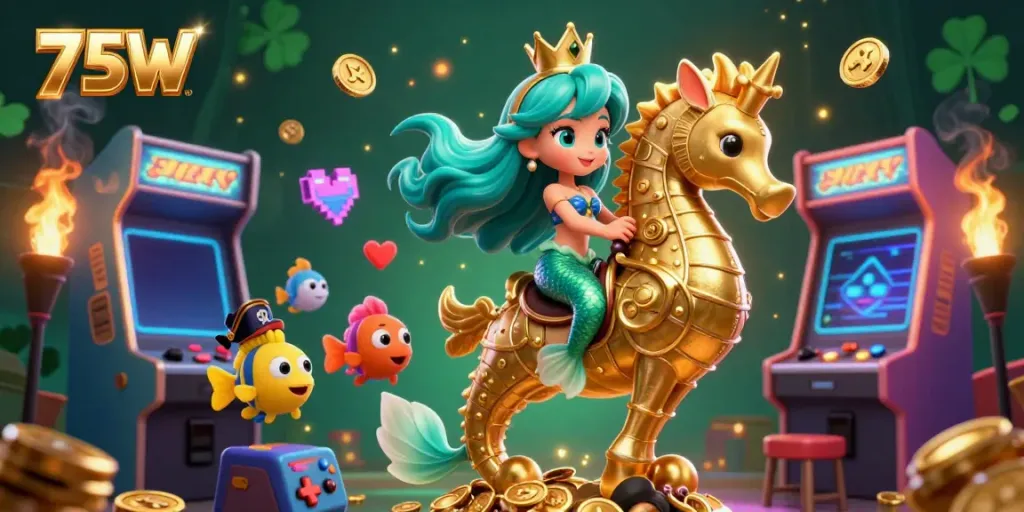 Engage with exciting 75W casino adventures featuring a colorful mermaid scene alongside arcade games and coins.
