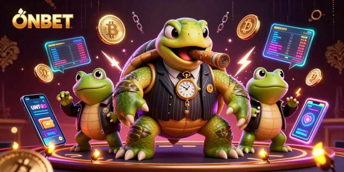 Engage with ONBET as a snapping turtle mobster leads froggy enforcers in a vibrant casino scene.
