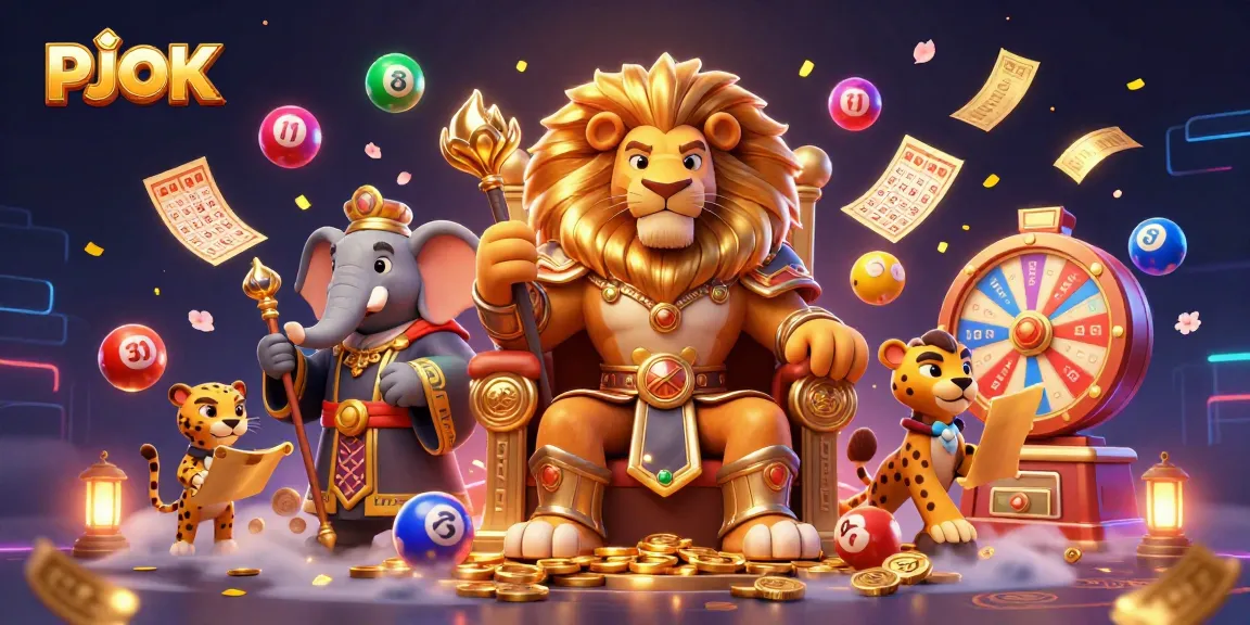 PJOK offers a thrilling gaming experience with live dealers and vibrant lottery elements in an immersive casino scene.