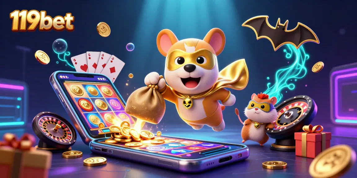 Experience the excitement of 119bet with a superhero dog flying through a vibrant casino scene.