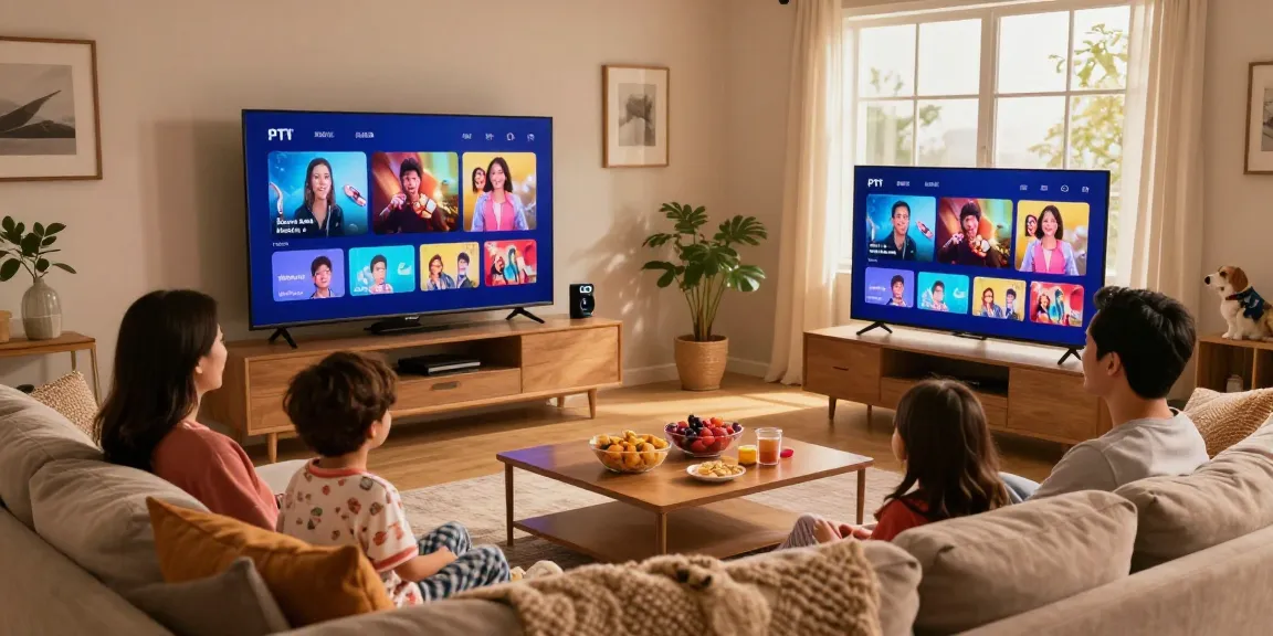 Família assistindo IPTV em uma sala de estar aconchegante, destacando entretenimento familiar.