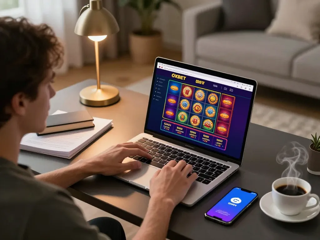 Enjoying gameplay on Oxbet casino app at home with strategic notes visible.