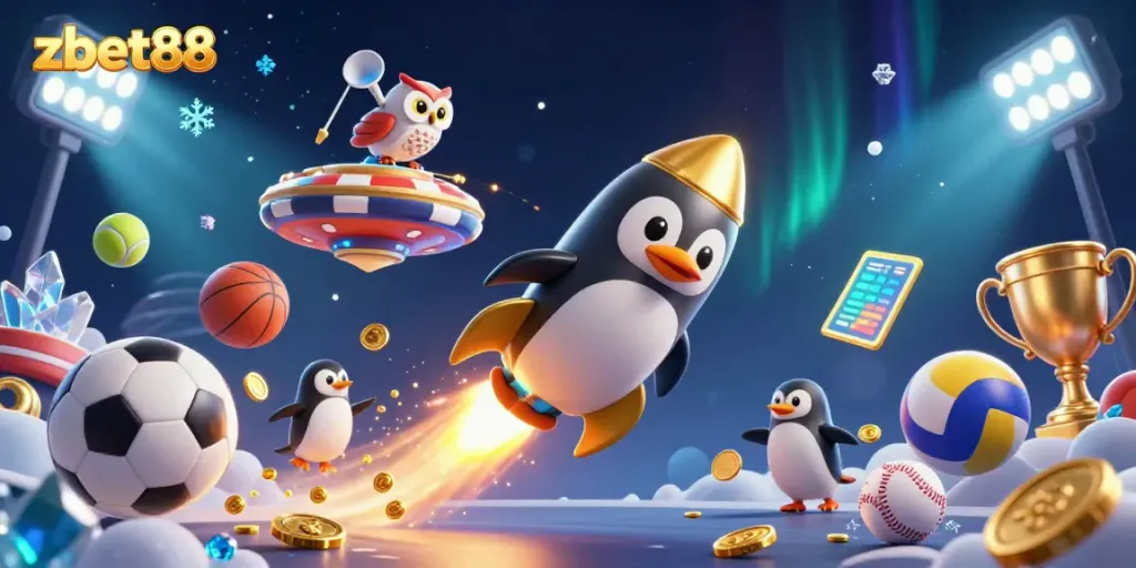 Embark on a cosmic betting journey with zbet88 as a golden penguin races toward a dazzling casino space station.