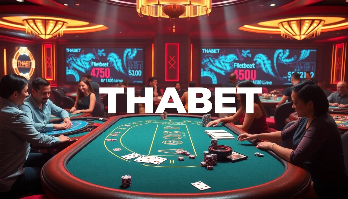 Experience the excitement of THABET at an upscale casino, featuring poker tables, roulette, and vibrant ambiance.