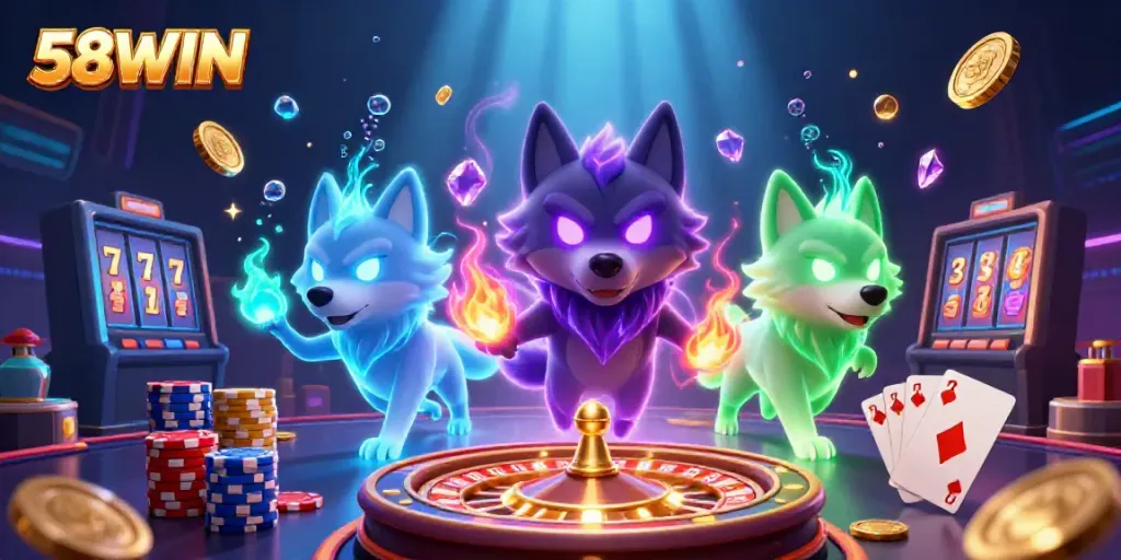 Engage with 58WIN's captivating world of online gaming featuring dynamic characters and casino elements.
