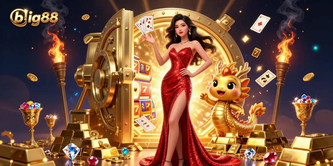Experience the thrill of big88 gaming with a vibrant casino atmosphere featuring slot elements and winning icons.
