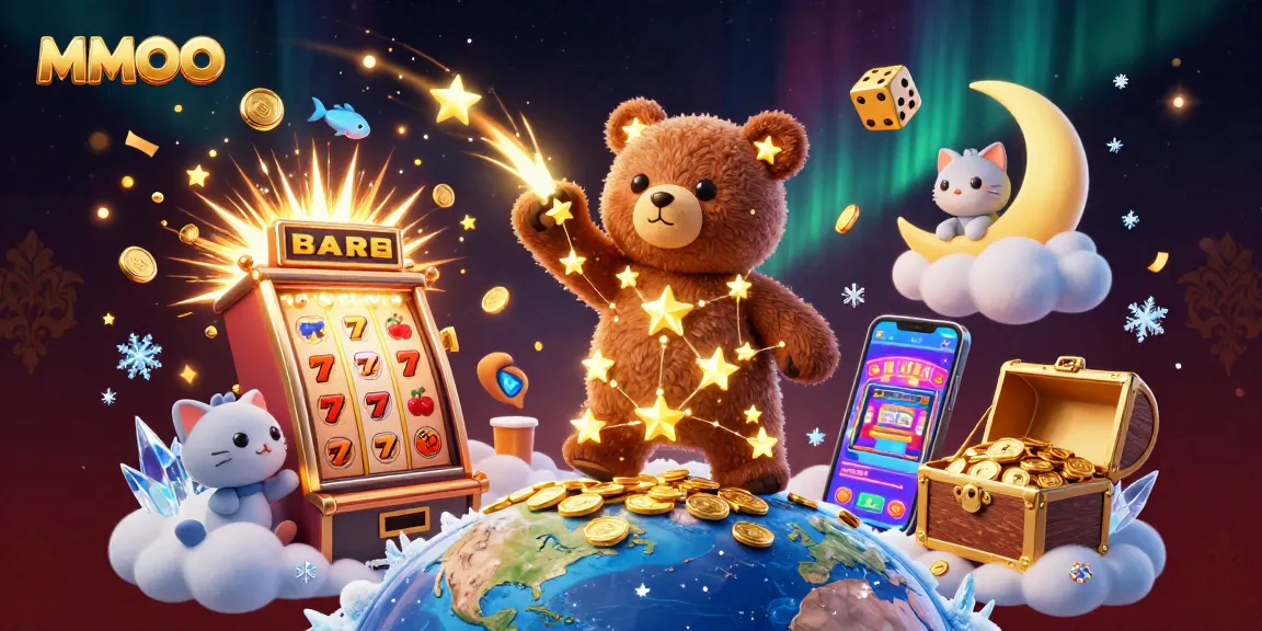 Experience thrilling MMOO gaming with a vibrant 3D scene of slots, treasures, and cosmic elements.
