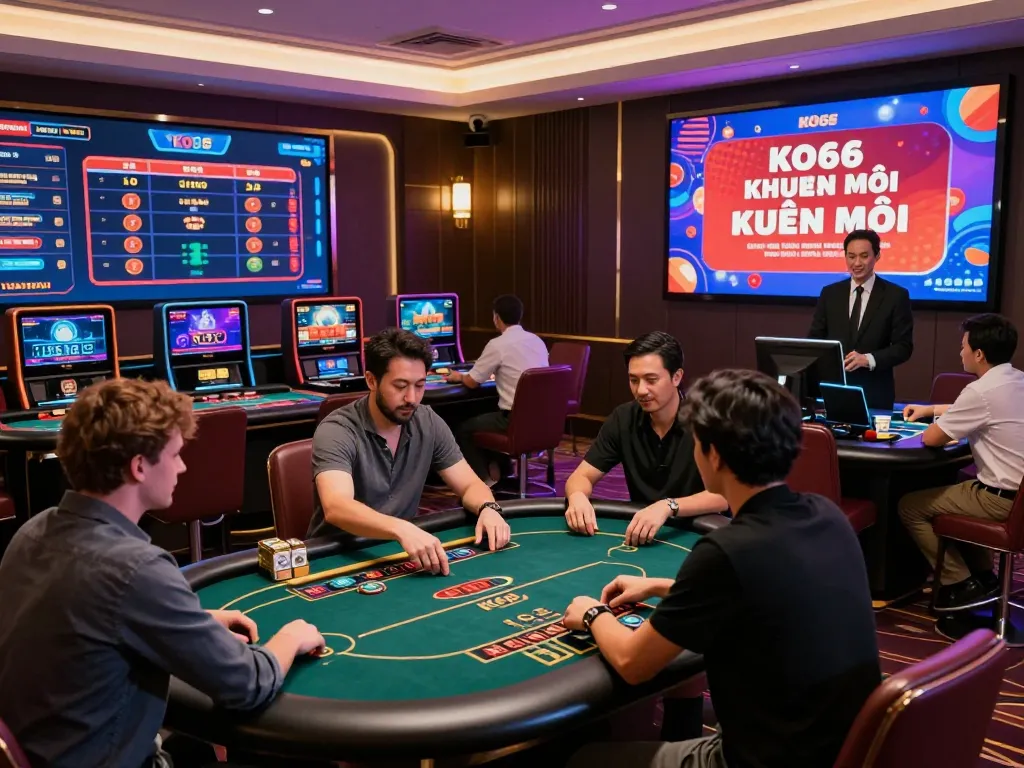 Vibrant scene of players enjoying KO66 Khuyến Mãi in a luxurious online casino.