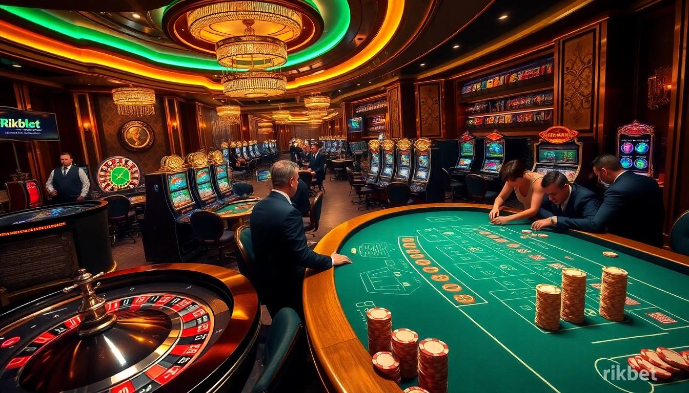 Rikbet players engaged in high-stakes poker at a luxurious casino table.