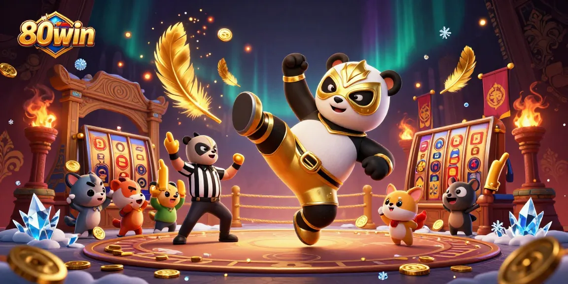 Experience the excitement at 80win with a dynamic casino battle featuring a masked wrestler and cheering animal fans.