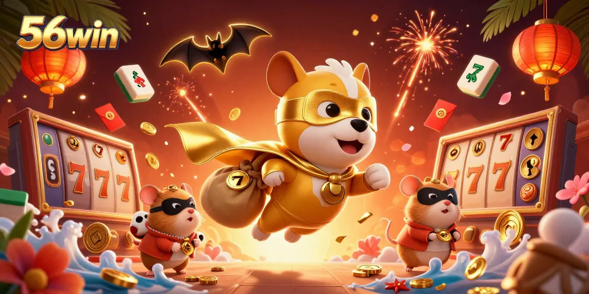 Experience thrilling gameplay at 56win with a dynamic casino scene showcasing a superhero dog and vibrant gaming elements.