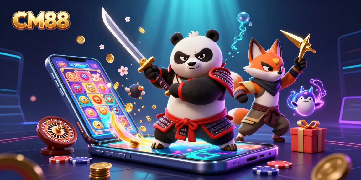 Experience thrilling gaming at CM88 with a fierce samurai panda and ninja fox in a vibrant casino scene.