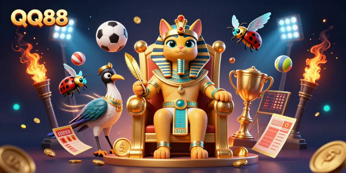 Experience the vibrant world of QQ88 with a dynamic 3D illustration showcasing casino and sports elements.