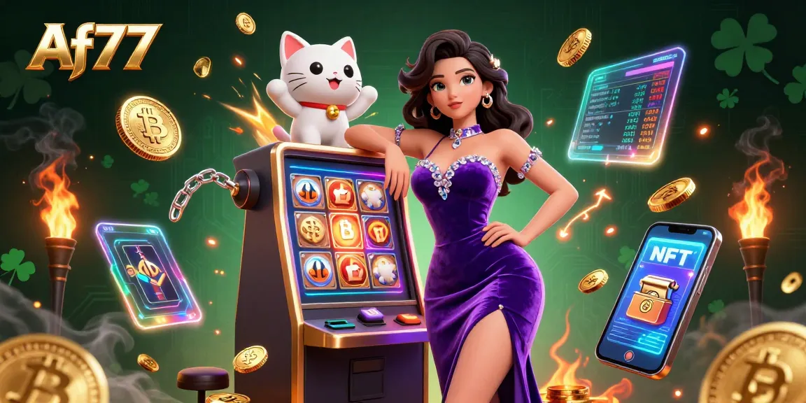 Experience thrilling wins at Af77 with a glamorous woman celebrating on a jackpot slot machine.