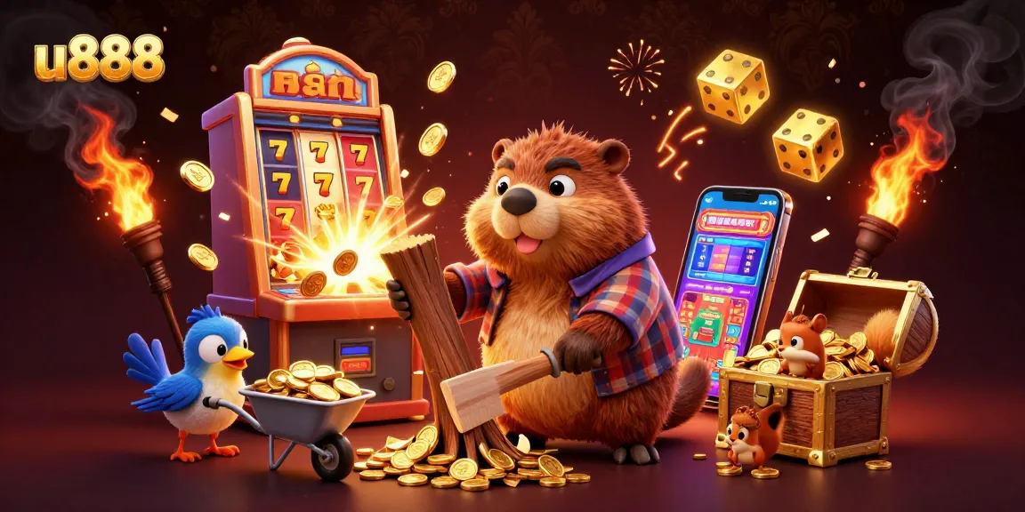 Experience luck at u888 with cartoon beaver, coins raining from a tree, and slot symbols flying around.