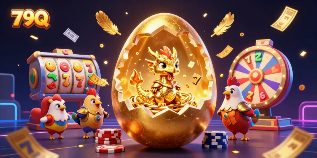 Cherish the thrill of 79Q as the golden dragon lifts vibrant slot reels and lucky 7s in a majestic gaming scene.